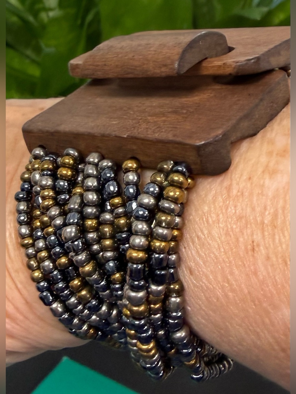 Glass Seed Bead Wood Cuff Bracelet Stretchy - Picture 9 of 9